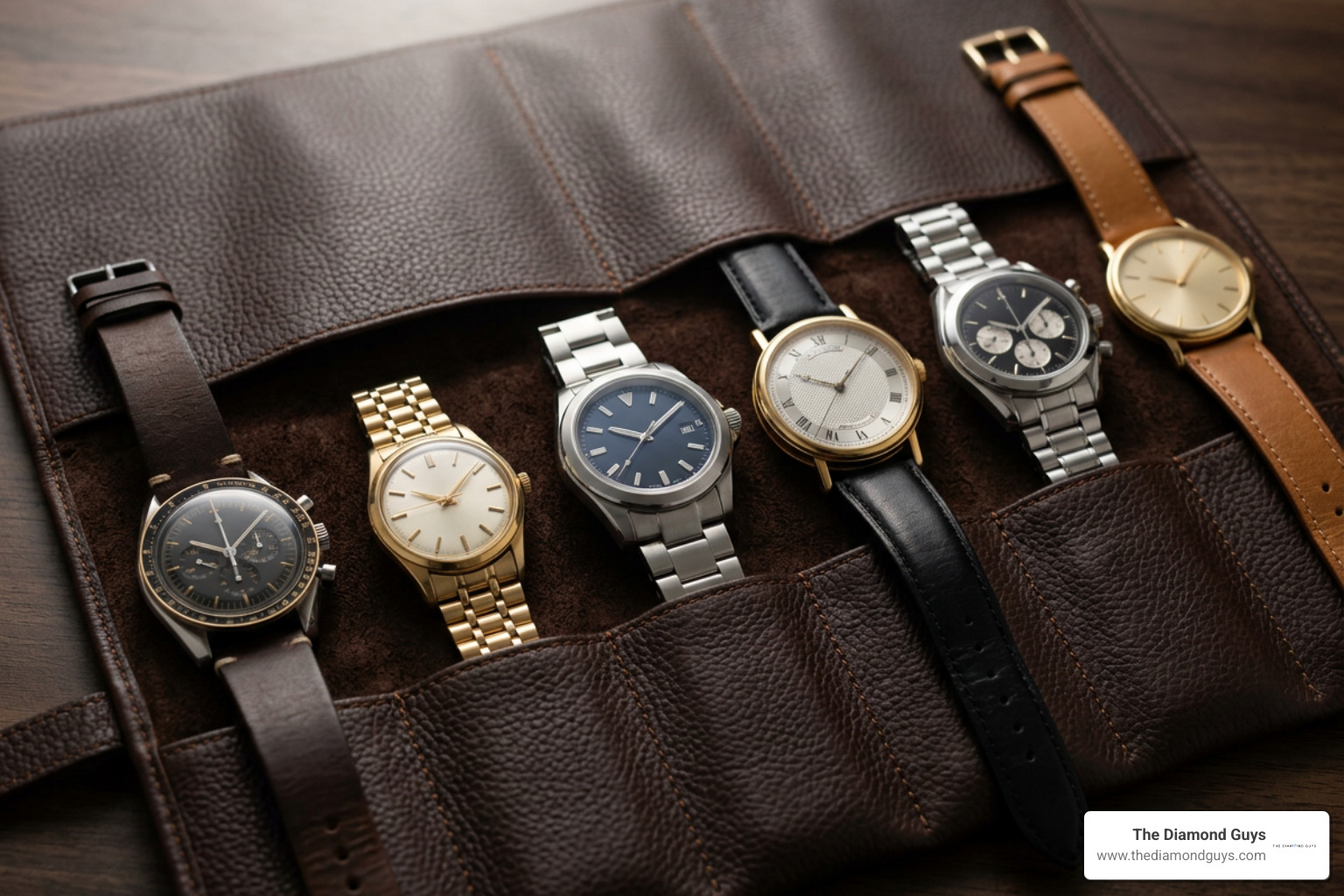 Curated collection of men's luxury refurbished wristwatches displayed on leather roll Curated collection of men's luxury refurbished wristwatches displayed on leather roll