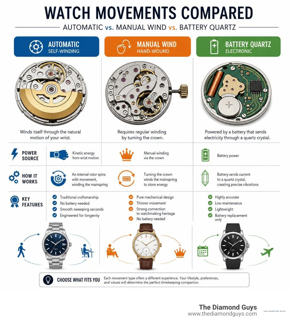Comparison of mechanical automatic, manual wind, and battery quartz watch movements infographic Comparison of mechanical automatic, manual wind, and battery quartz watch movements infographic
