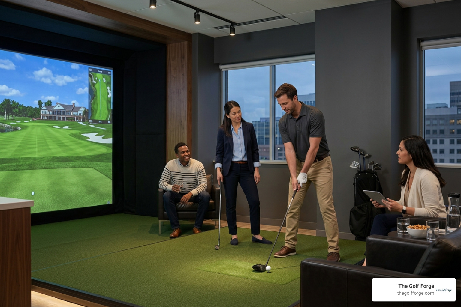 Professionals practicing in a private indoor golf simulator bay Professionals practicing in a private indoor golf simulator bay