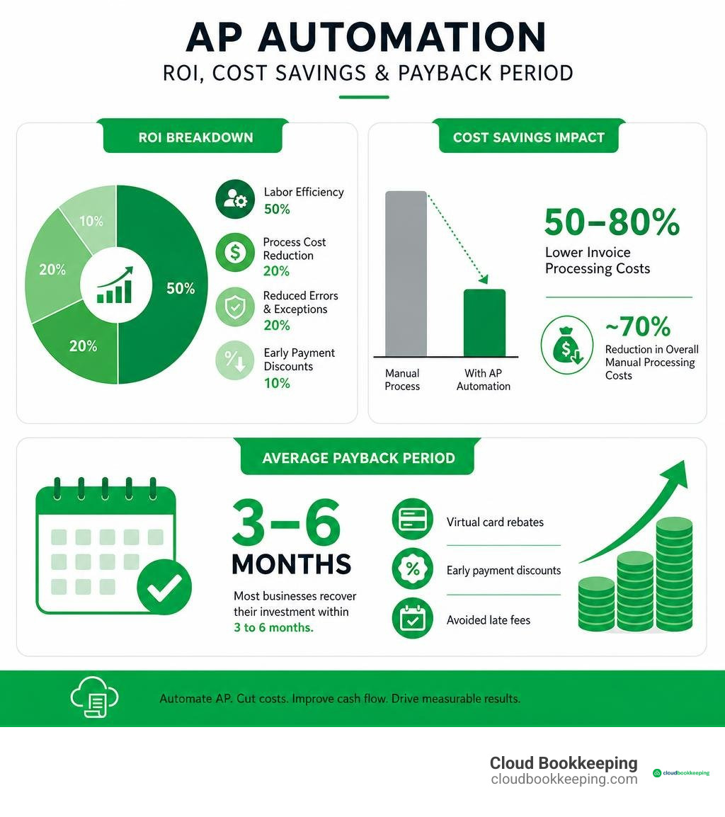 Infographic displaying breakdown of AP automation ROI, cost savings, and average payback period infographic