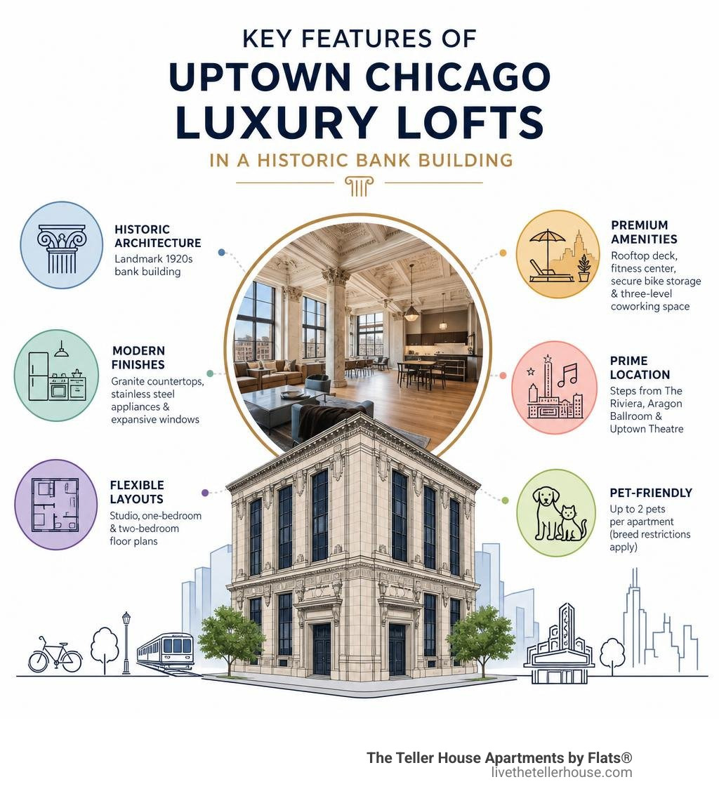 Key features of Uptown Chicago luxury lofts in a historic bank building infographic infographic Key features of Uptown Chicago luxury lofts in a historic bank building infographic infographic