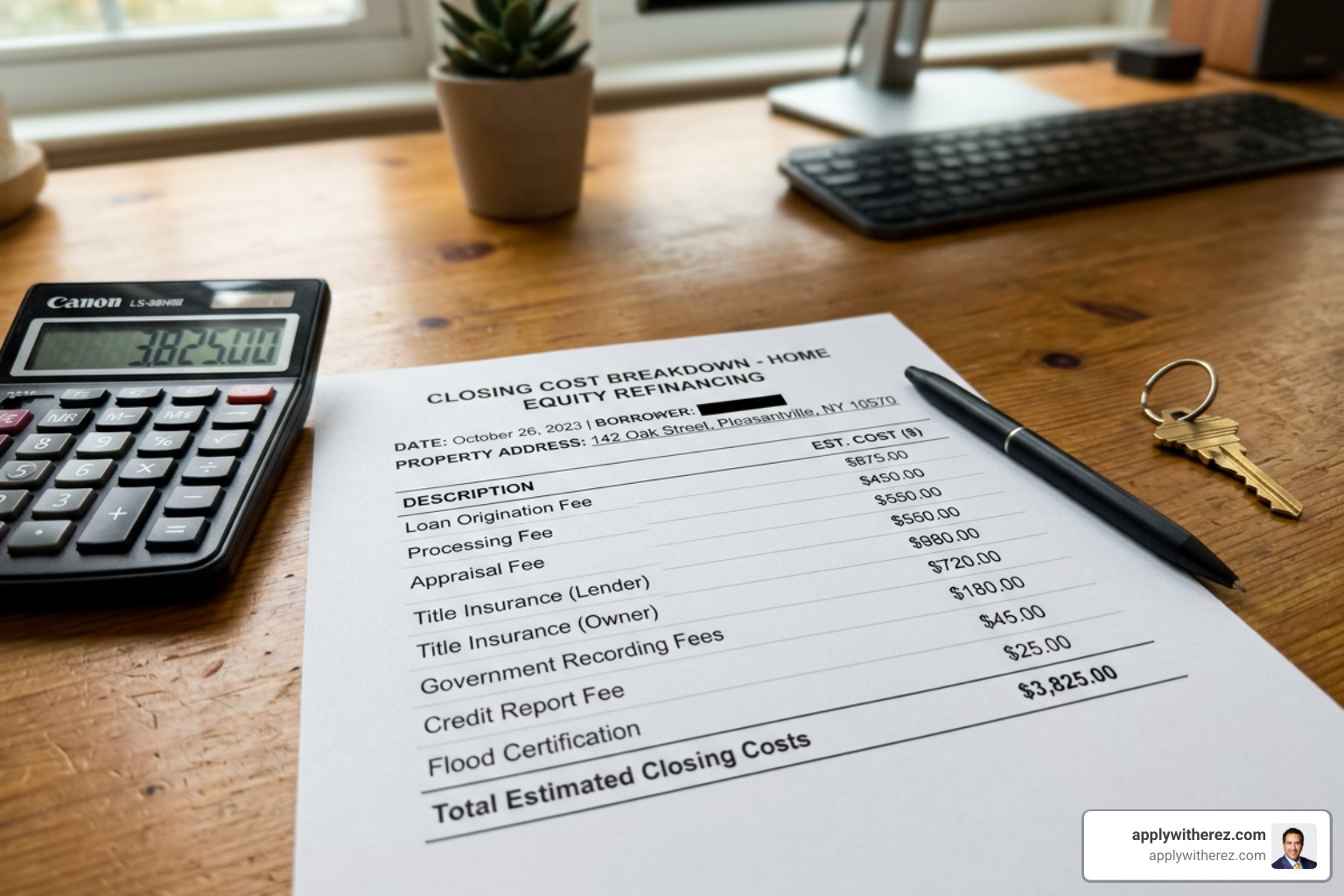 detailed home equity refinance closing cost breakdown itemizing appraisal title and origination fees