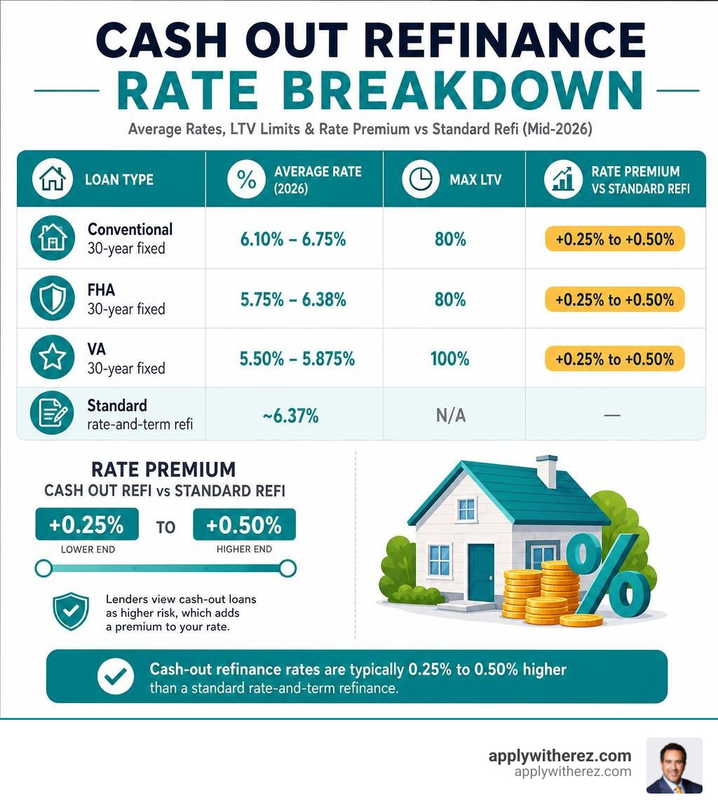 cash out refinance rate breakdown infographic showing loan types, average rates, LTV limits, and rate premium vs standard