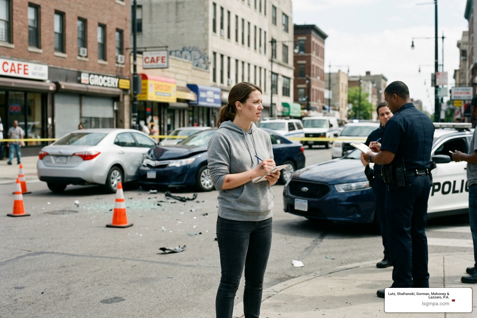 Accident victim documenting crash scene details and gathering police report information