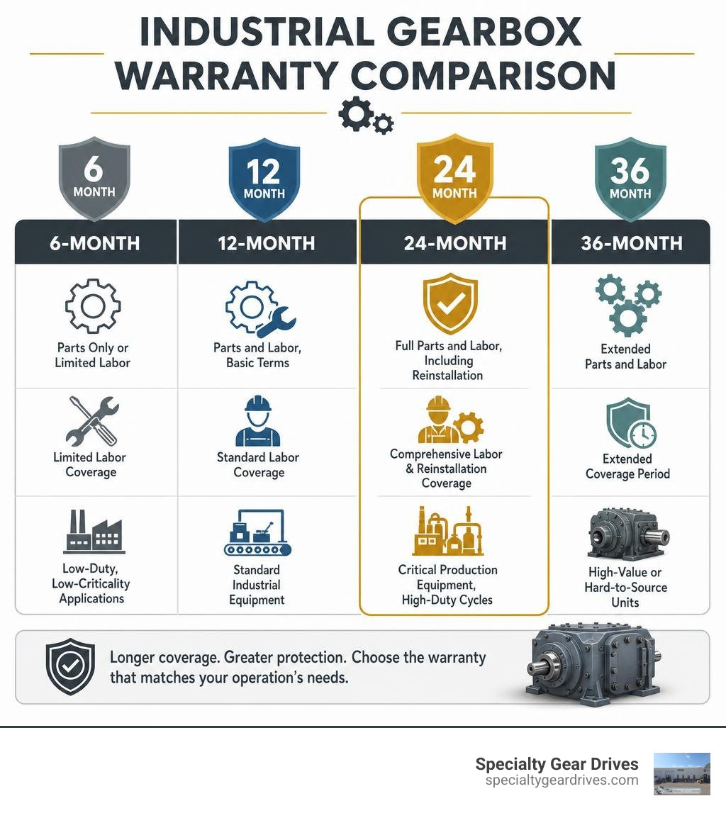 Infographic comparing 6-month, 12-month, 24-month, and 36-month industrial gearbox warranty coverage terms infographic Infographic comparing 6-month, 12-month, 24-month, and 36-month industrial gearbox warranty coverage terms infographic