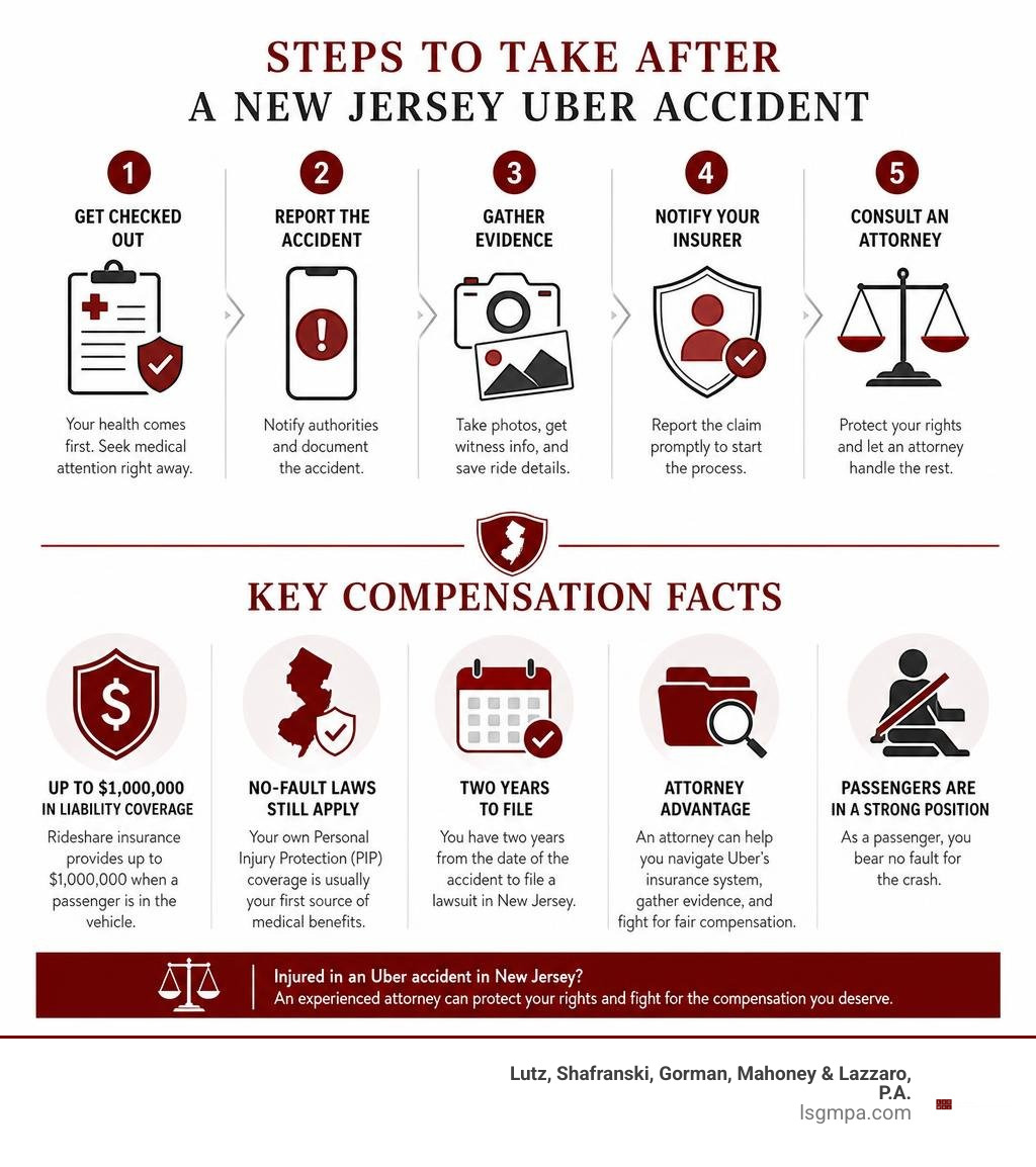 Steps to take after a New Jersey Uber accident and key compensation facts infographic infographic