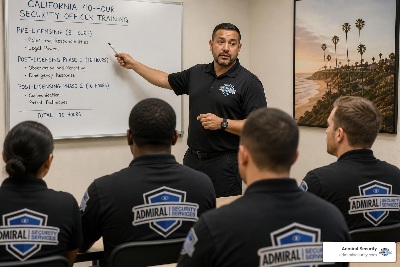 Security officer classroom setting in Southern California with blurred uniform badges Security officer classroom setting in Southern California with blurred uniform badges