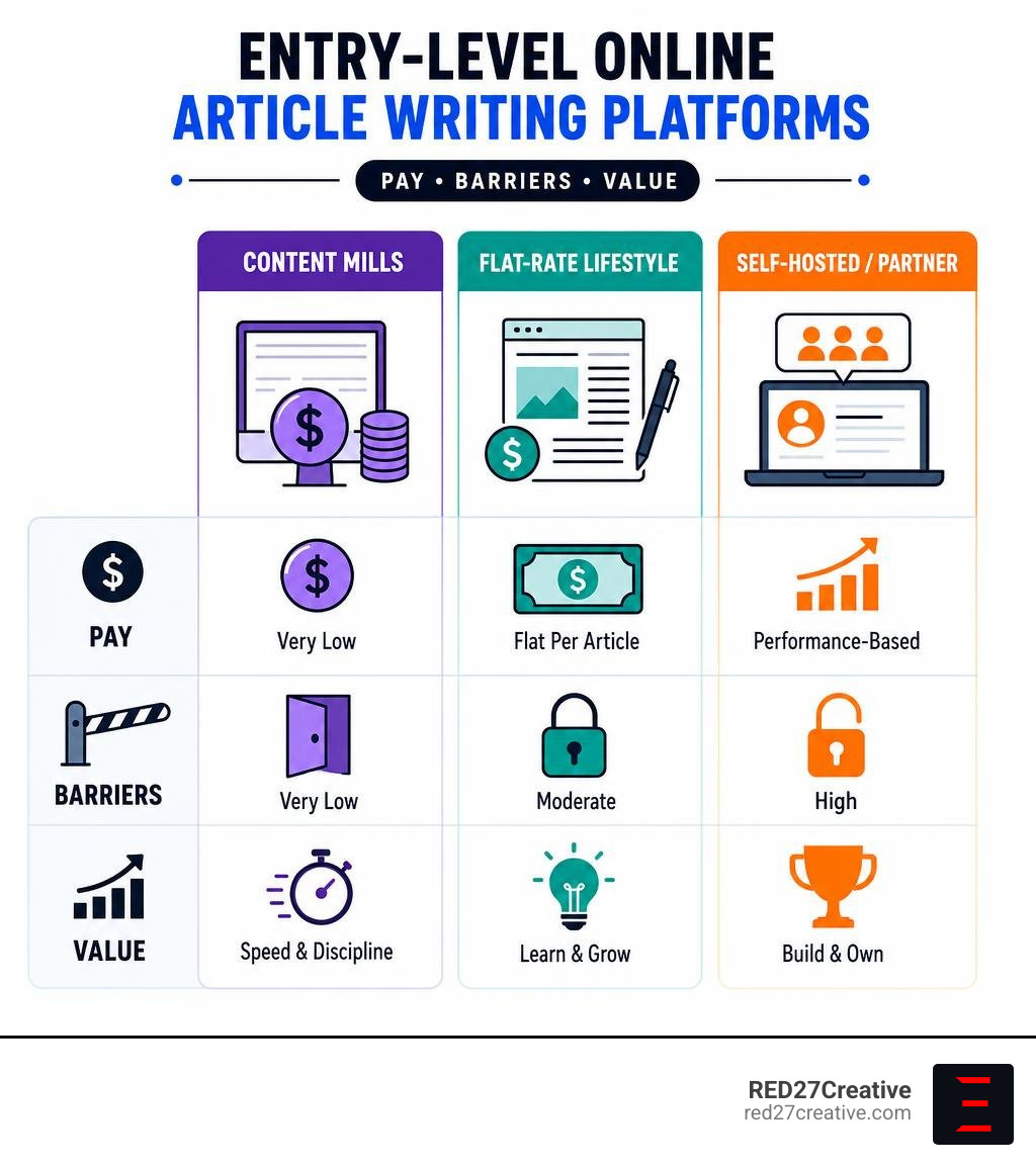Comparison of entry-level online article writing platforms showing pay, barriers, and value infographic Comparison of entry-level online article writing platforms showing pay, barriers, and value infographic