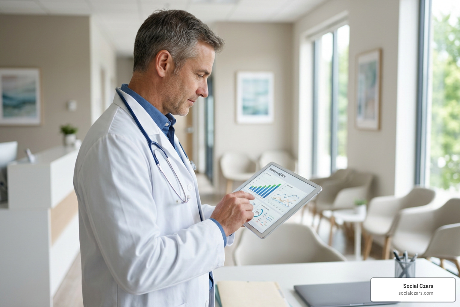Physician reviewing online practice growth dashboard