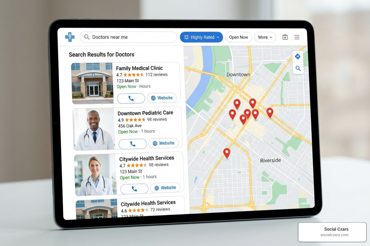 Local search map pack results showing high-rated doctors