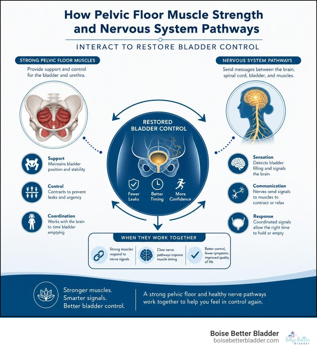 How pelvic floor muscle strength and nervous system pathways interact to restore bladder control infographic