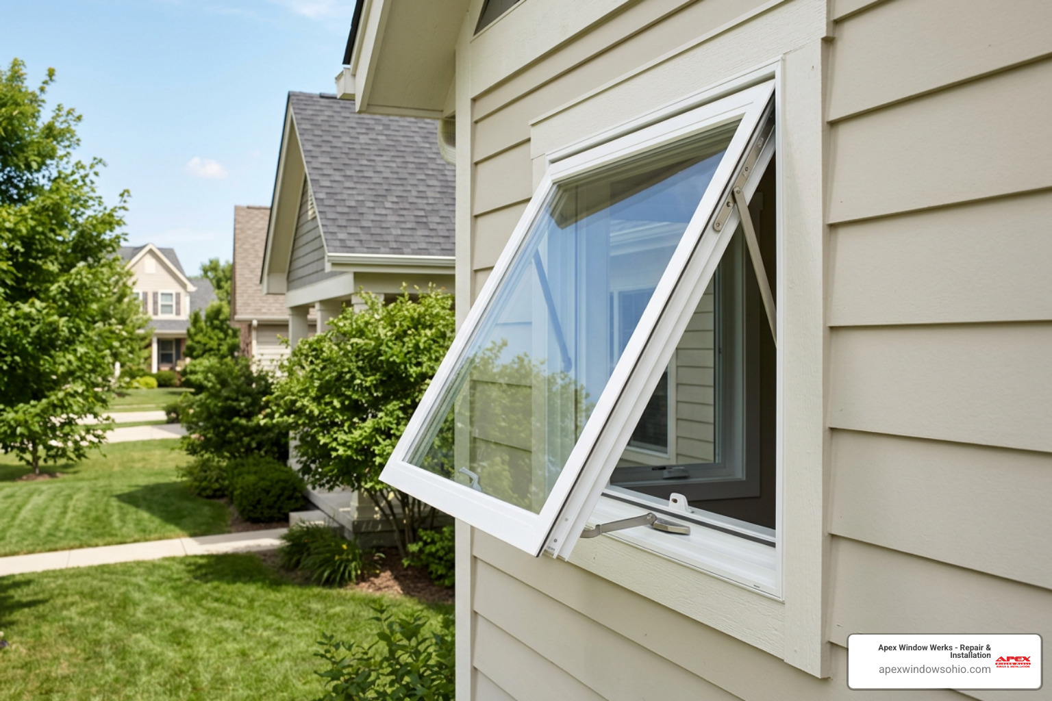 High quality replacement white vinyl awning window installed in sunny residential home exterior