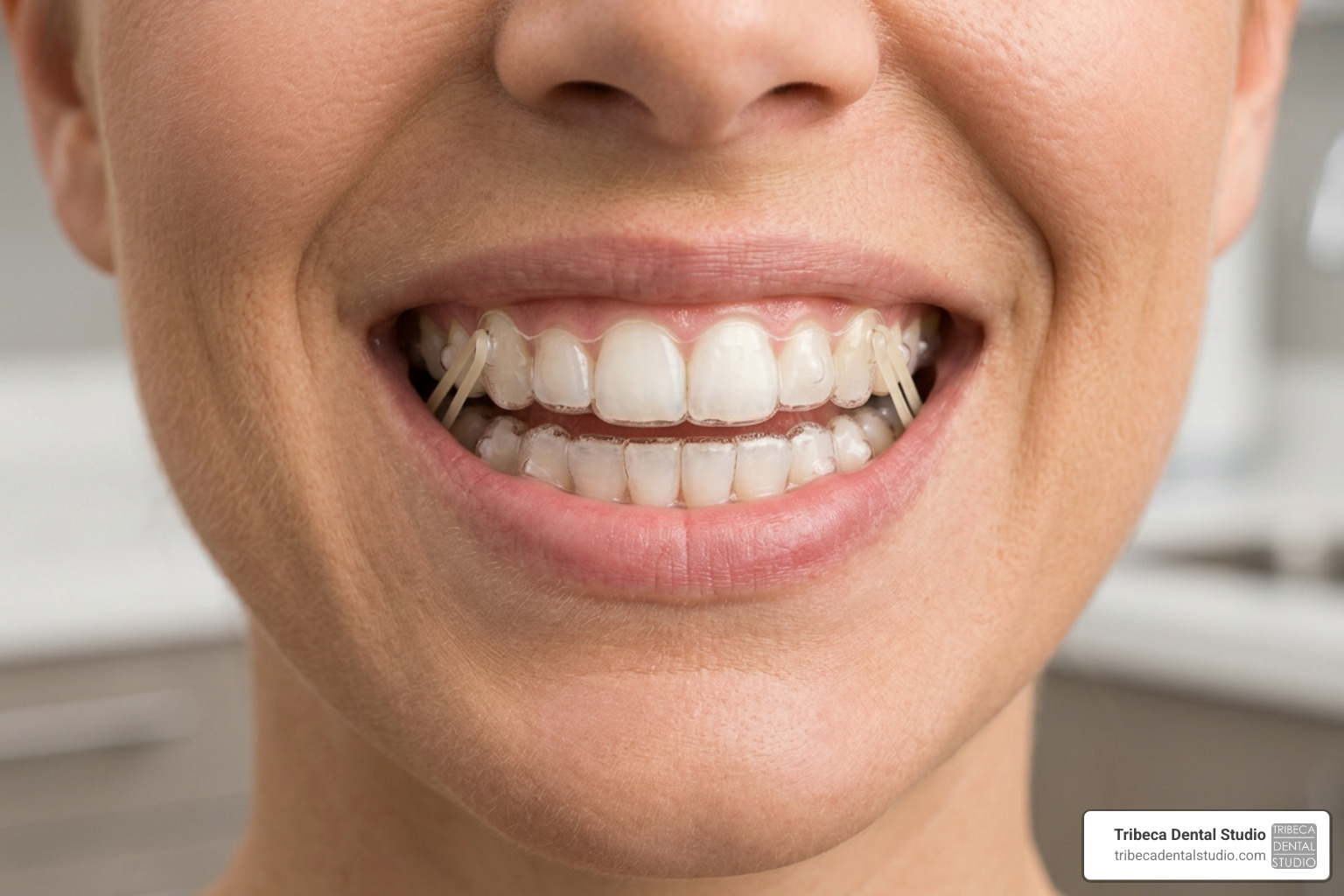 Clear aligners with custom elastics for bite correction Clear aligners with custom elastics for bite correction