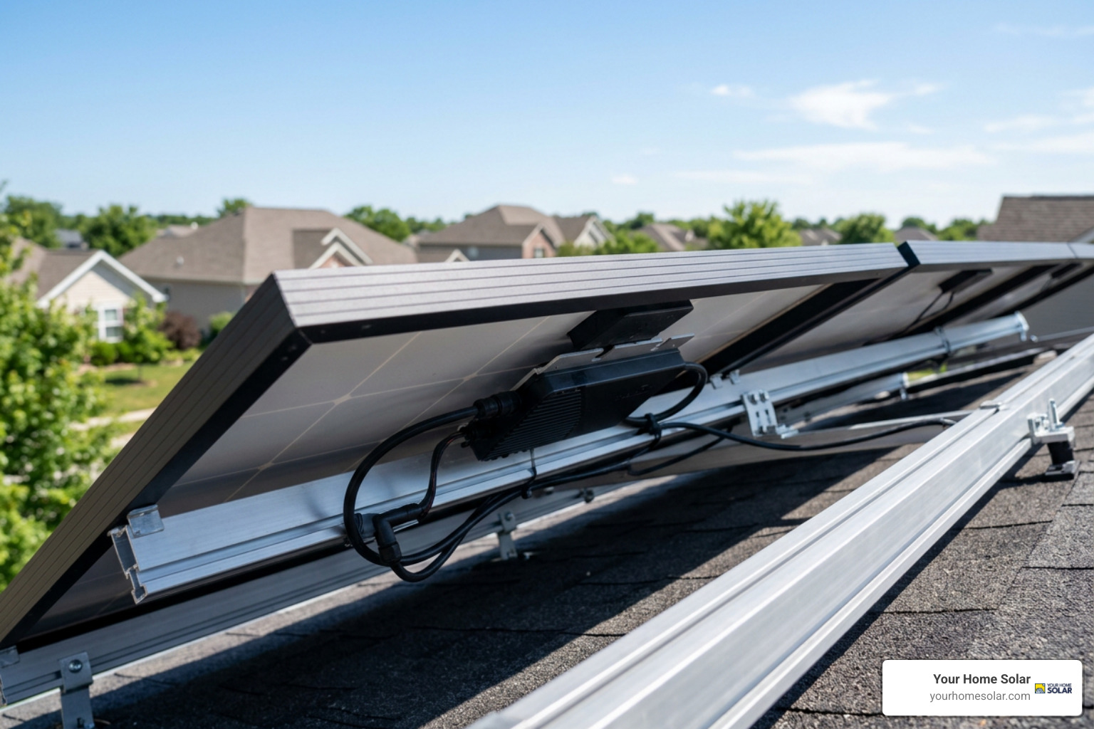 Rooftop microinverter installed under a solar panel Rooftop microinverter installed under a solar panel