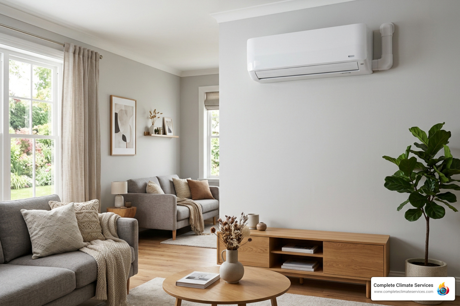 sleek indoor wall-mounted ductless mini-split heat pump unit installed in a living room