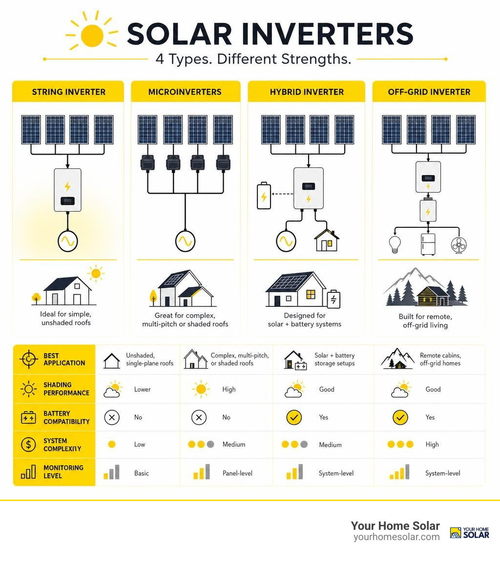 Comparison of string inverters, microinverters, hybrid inverters, and off-grid inverters infographic Comparison of string inverters, microinverters, hybrid inverters, and off-grid inverters infographic