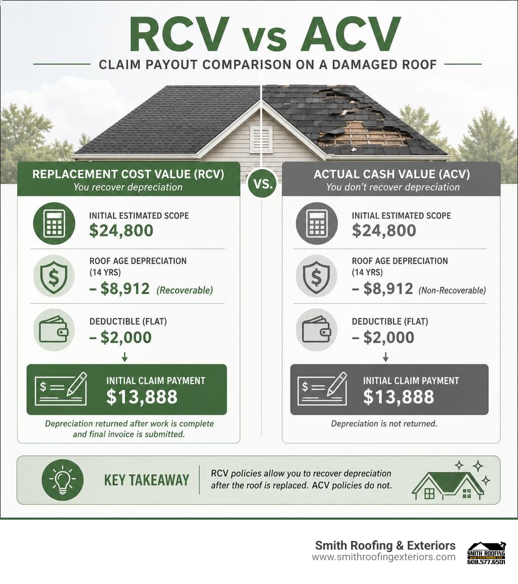 Comparison of RCV vs ACV claim payouts on a damaged roof infographic Comparison of RCV vs ACV claim payouts on a damaged roof infographic