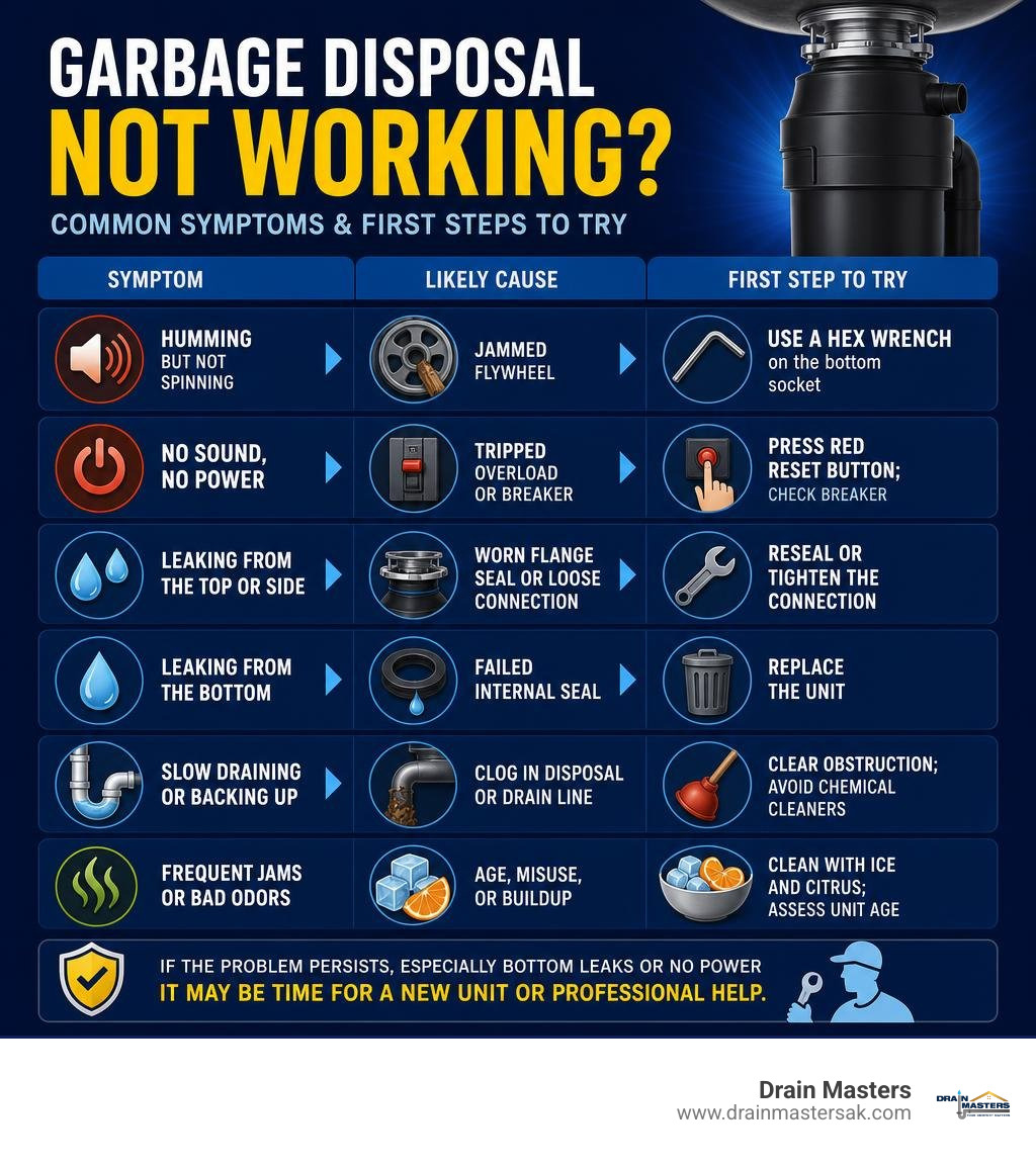 Infographic showing common garbage disposal failure symptoms and initial troubleshooting steps infographic Infographic showing common garbage disposal failure symptoms and initial troubleshooting steps infographic