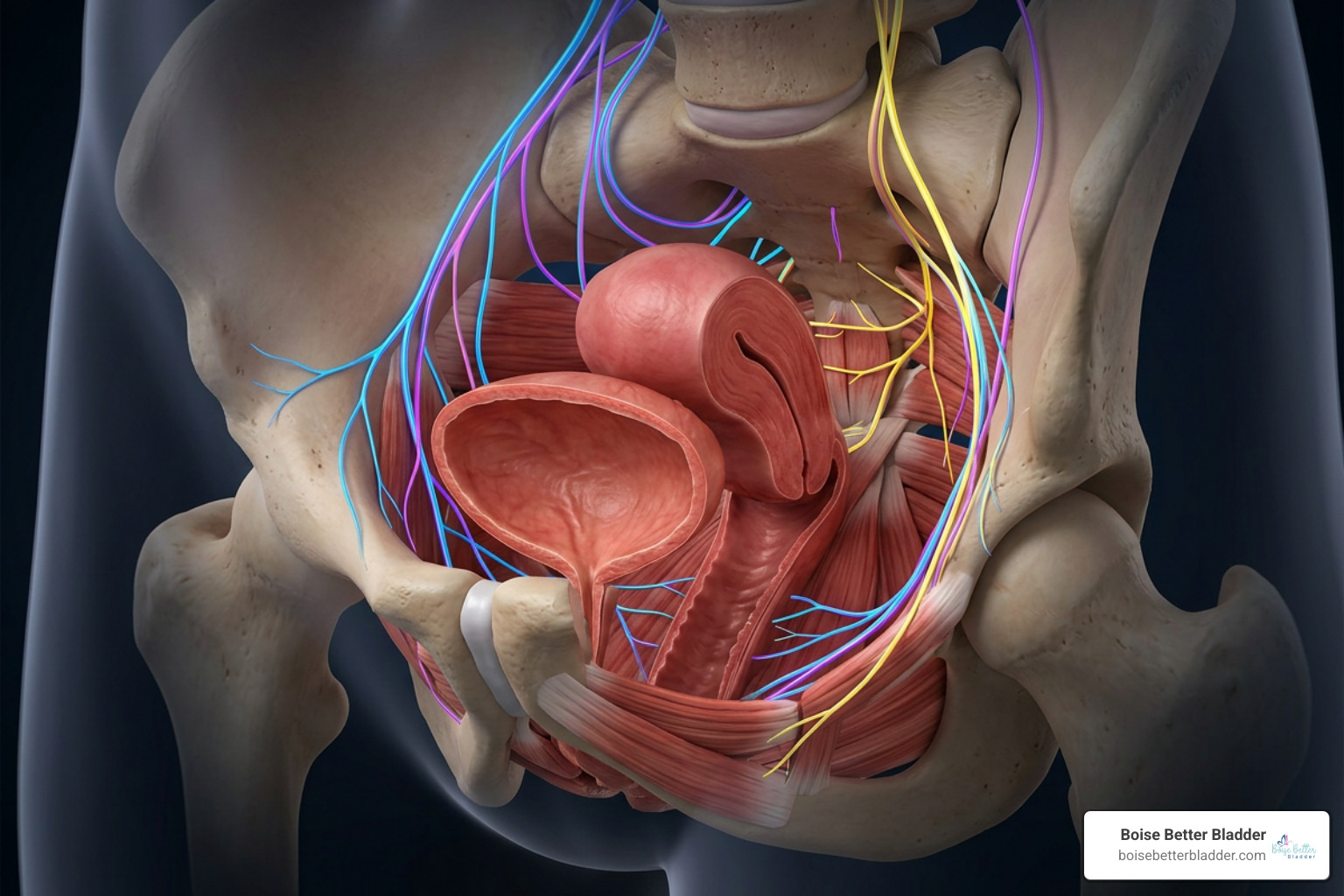 Pelvic floor muscle anatomy and nerve signaling interaction