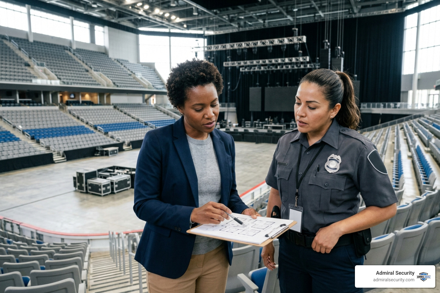 Event manager discussing venue safety logistics with security supervisor Event manager discussing venue safety logistics with security supervisor