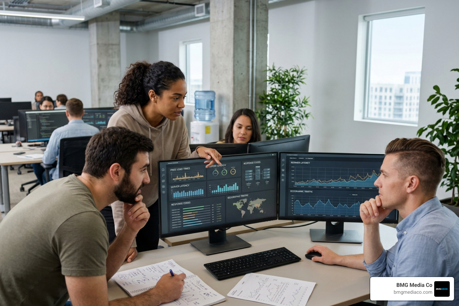 Custom web development team analyzing high-speed website performance metrics and server infrastructure dashboards