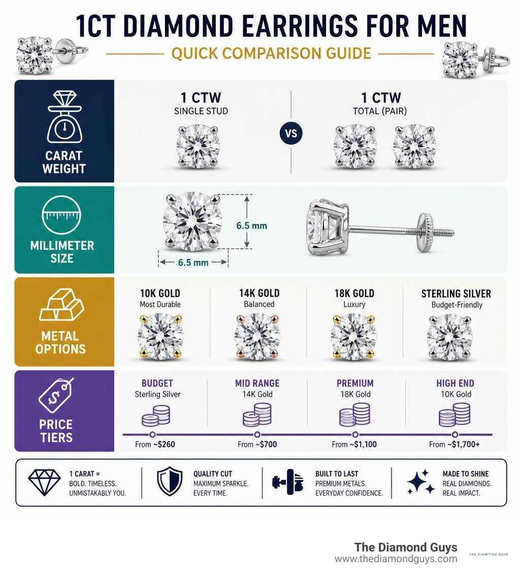 infographic comparing carat weight, millimeter size, metal options, and price tiers for men's 1ct diamond earrings infographic comparing carat weight, millimeter size, metal options, and price tiers for men's 1ct diamond earrings