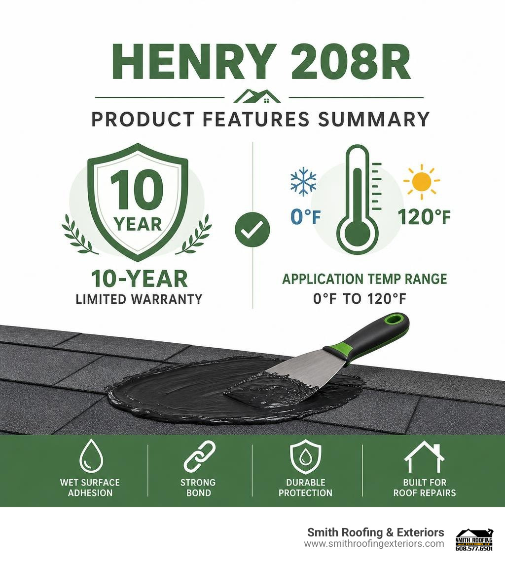 Henry 208R product features summary showing 10-year warranty and 0F to 120F temp range infographic Henry 208R product features summary showing 10-year warranty and 0F to 120F temp range infographic