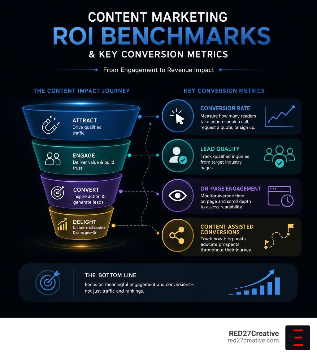 Content marketing ROI benchmarks and key conversion metrics infographic Content marketing ROI benchmarks and key conversion metrics infographic