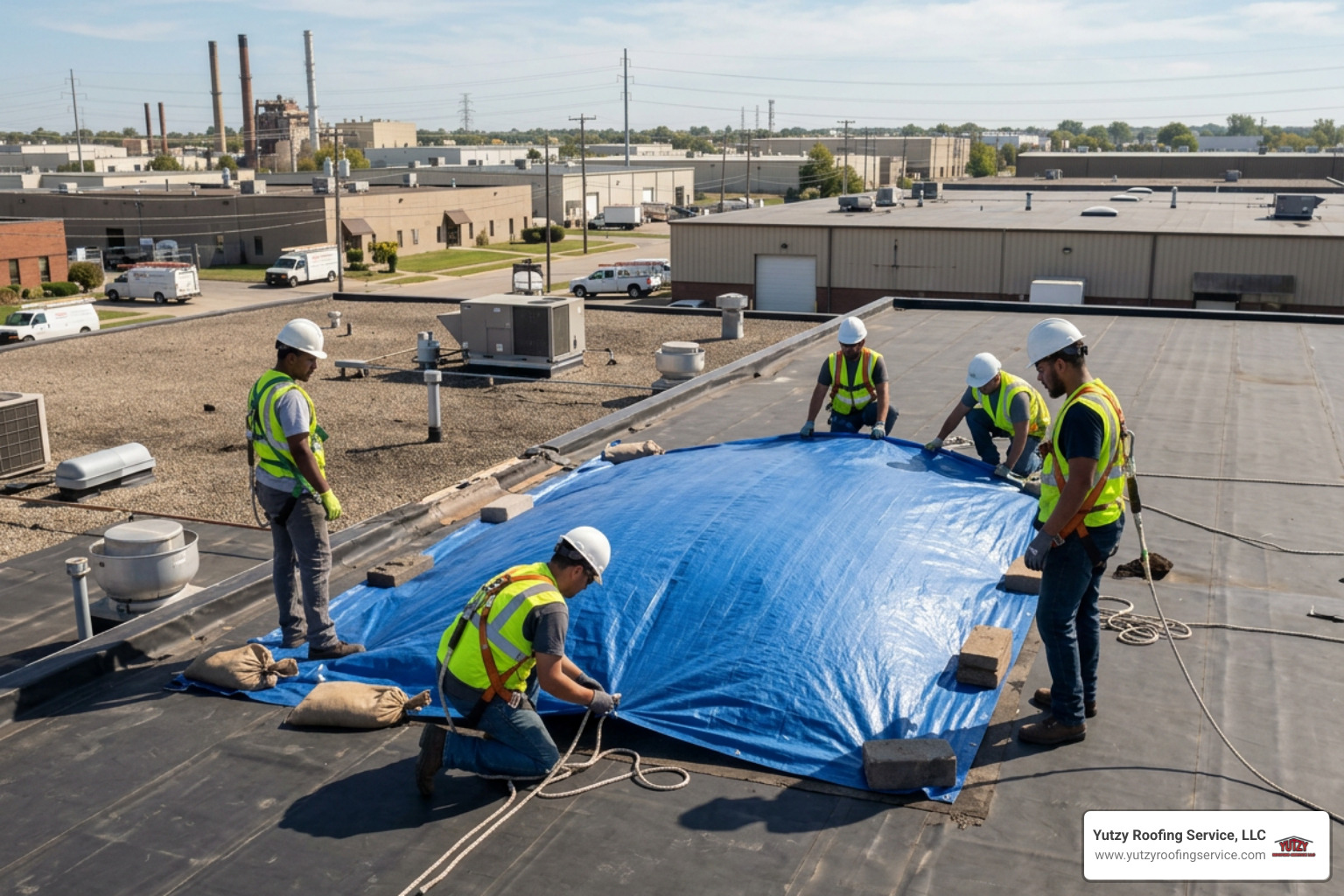 Commercial roof tarping crew securing heavy-duty waterproof barrier on damaged commercial deck Commercial roof tarping crew securing heavy-duty waterproof barrier on damaged commercial deck