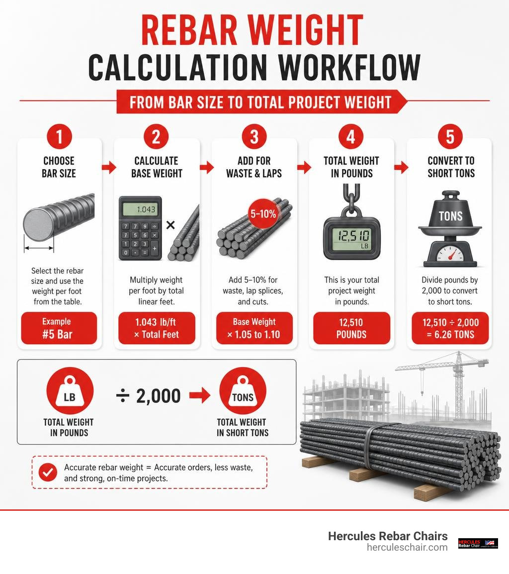 Rebar weight calculation workflow from bar size to total project weight in pounds and tons infographic