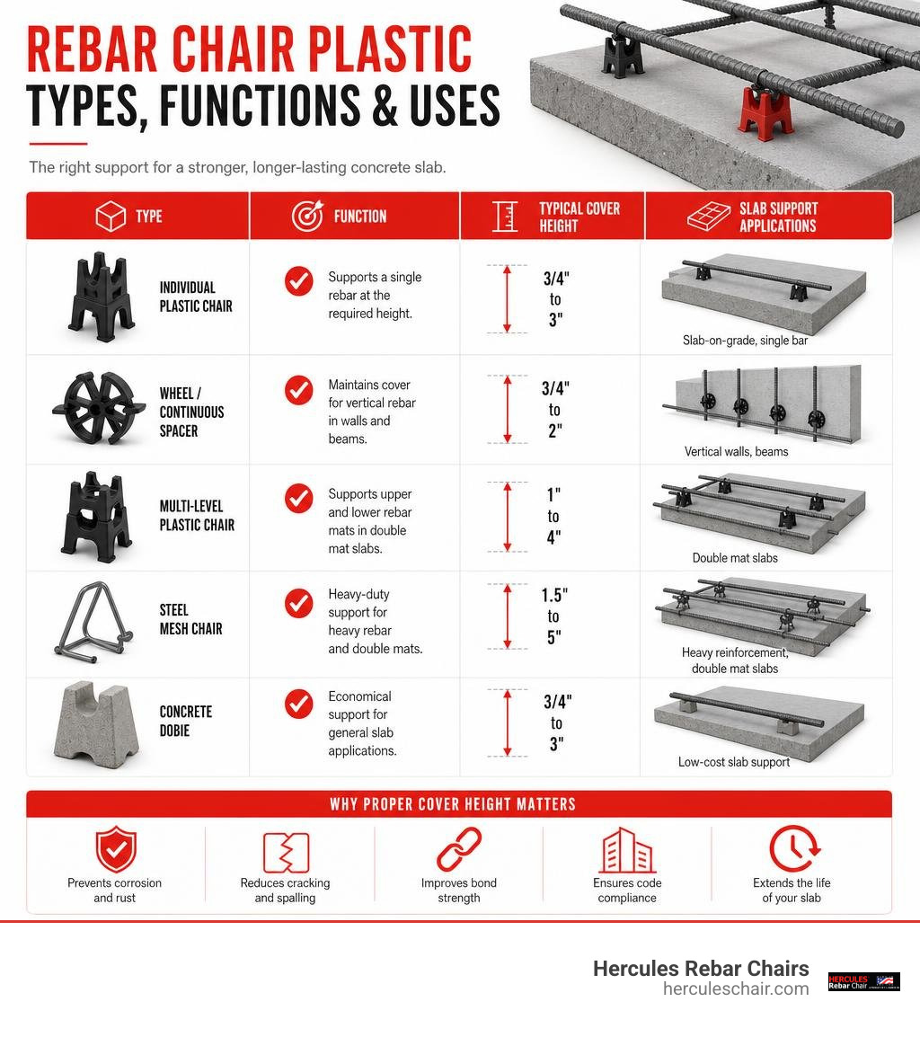 Infographic showing types of plastic rebar chairs, their functions, cover heights, and slab support applications infographic