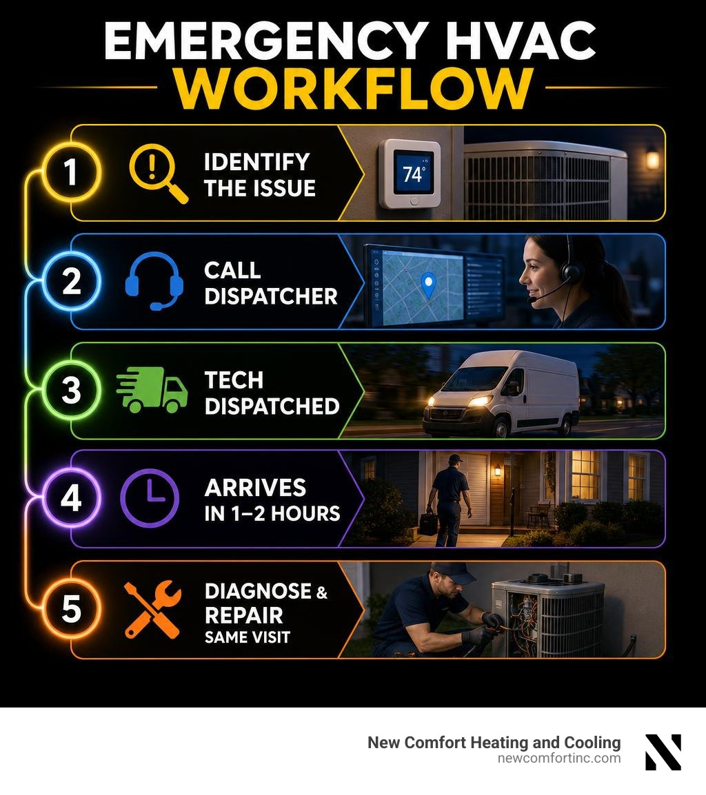 Emergency HVAC workflow infographic: identify issue, call dispatcher, tech dispatched, arrive in 1-2 hours, diagnose and Emergency HVAC workflow infographic: identify issue, call dispatcher, tech dispatched, arrive in 1-2 hours, diagnose and