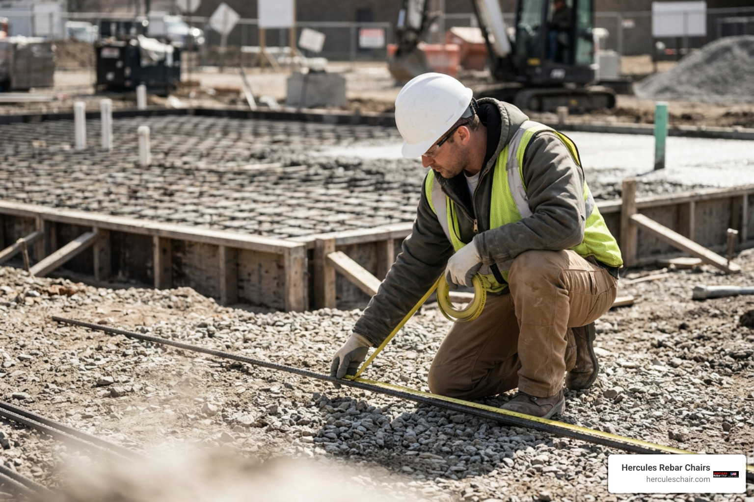 contractor measuring rebar stick length on site