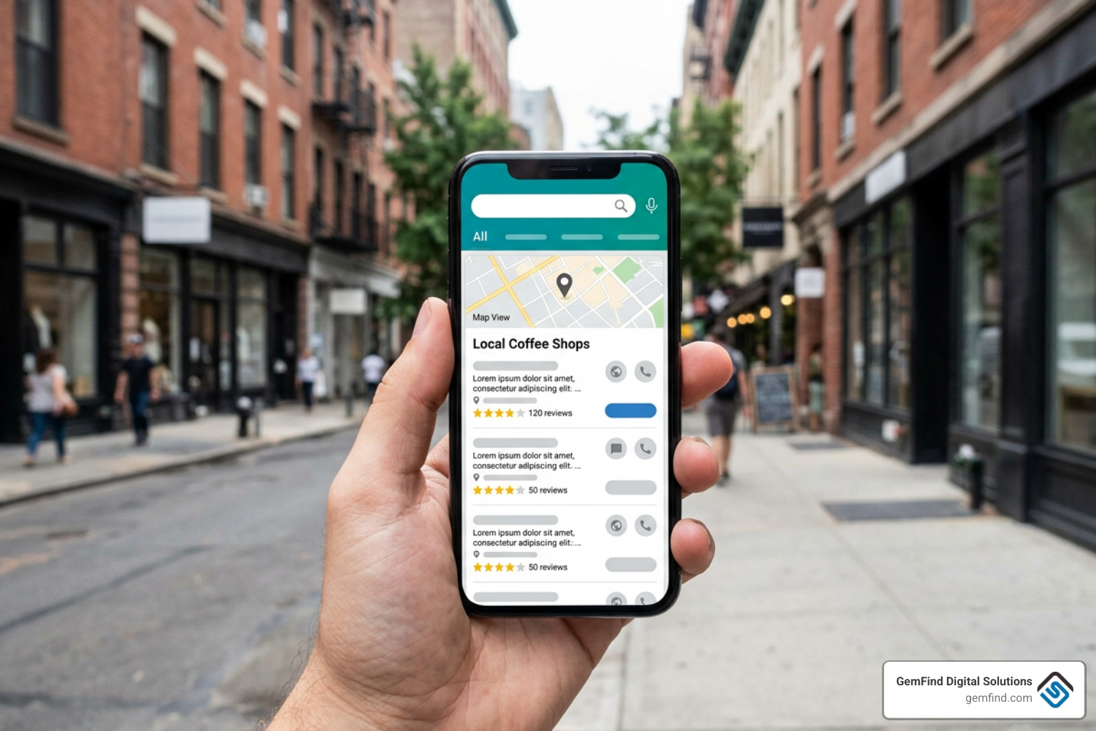 AI-powered generative search result recommending local businesses with map and trust signals
