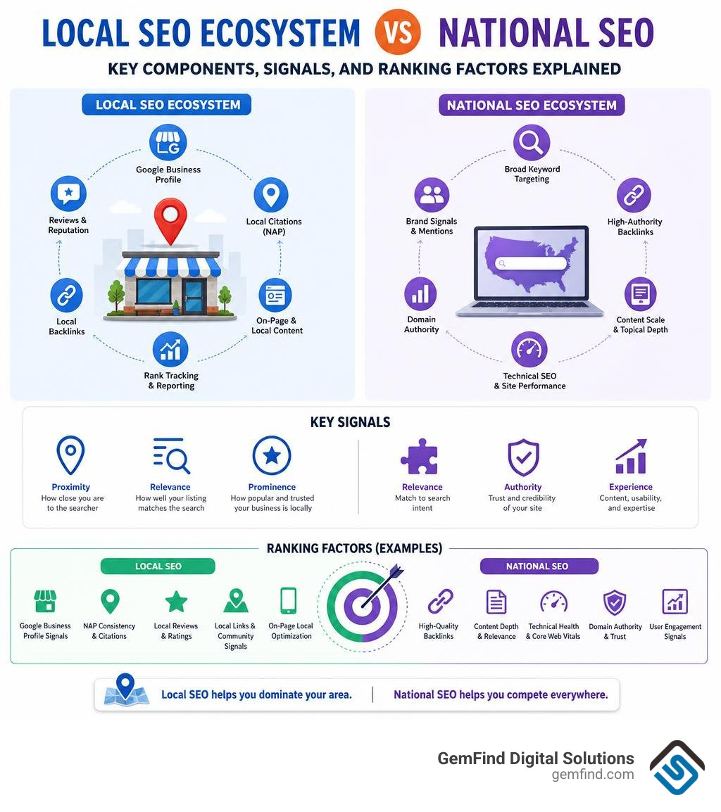 Local SEO ecosystem vs national SEO: key components, signals, and ranking factors explained infographic