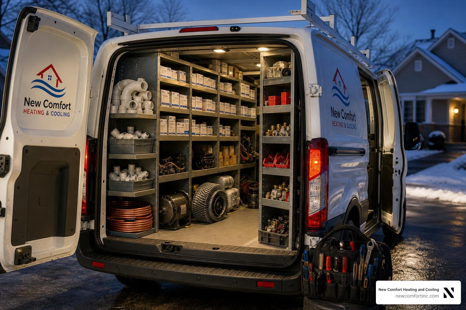 HVAC service van fully stocked with emergency replacement parts ready for dispatch HVAC service van fully stocked with emergency replacement parts ready for dispatch