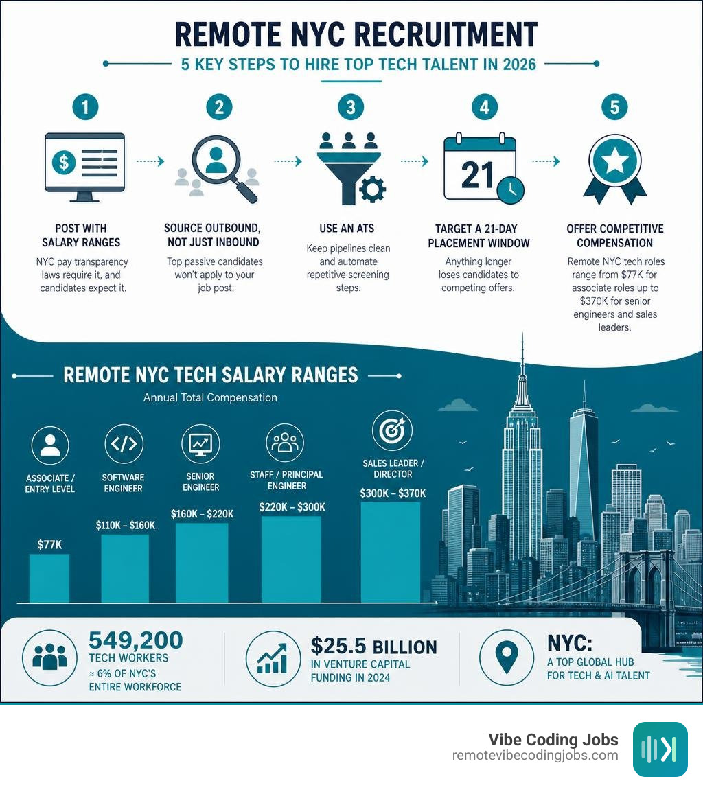Key steps and salary ranges in remote NYC recruitment process infographic infographic