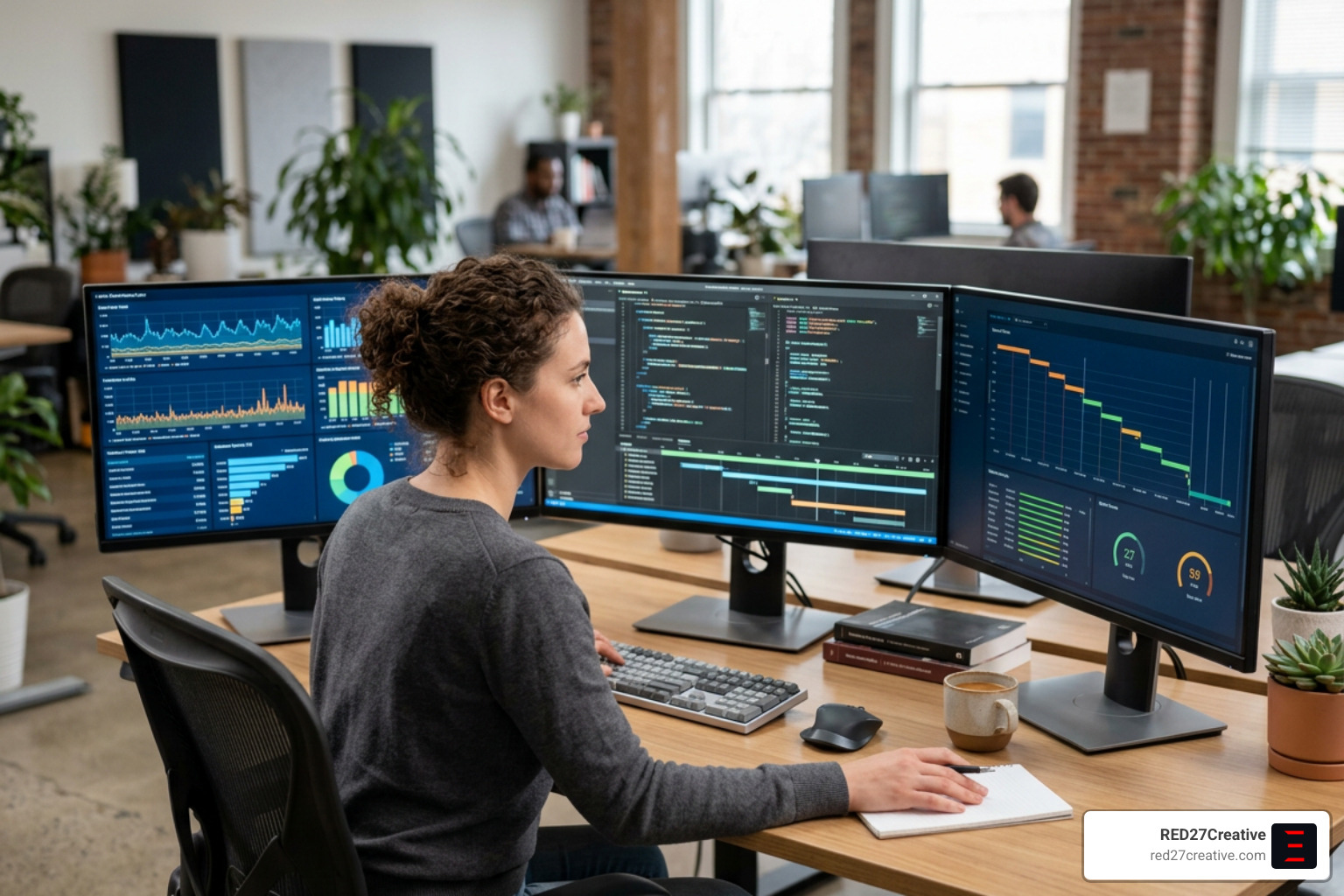 Web developer analyzing slow site code and page speed metrics on multiple displays Web developer analyzing slow site code and page speed metrics on multiple displays