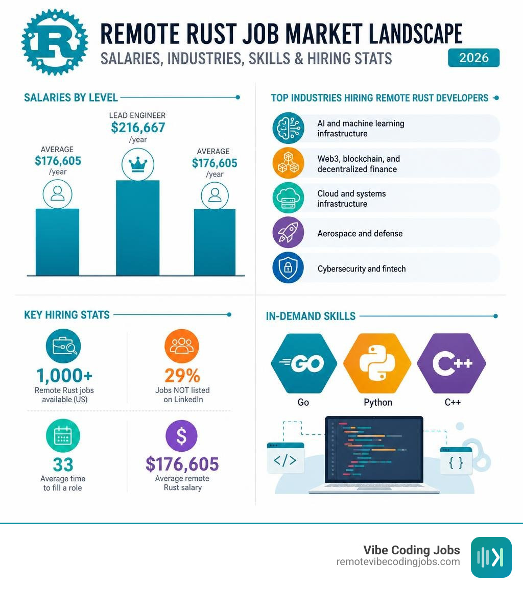 Remote Rust job market landscape: salaries by level, top industries, in-demand skills, and hiring stats infographic Remote Rust job market landscape: salaries by level, top industries, in-demand skills, and hiring stats infographic