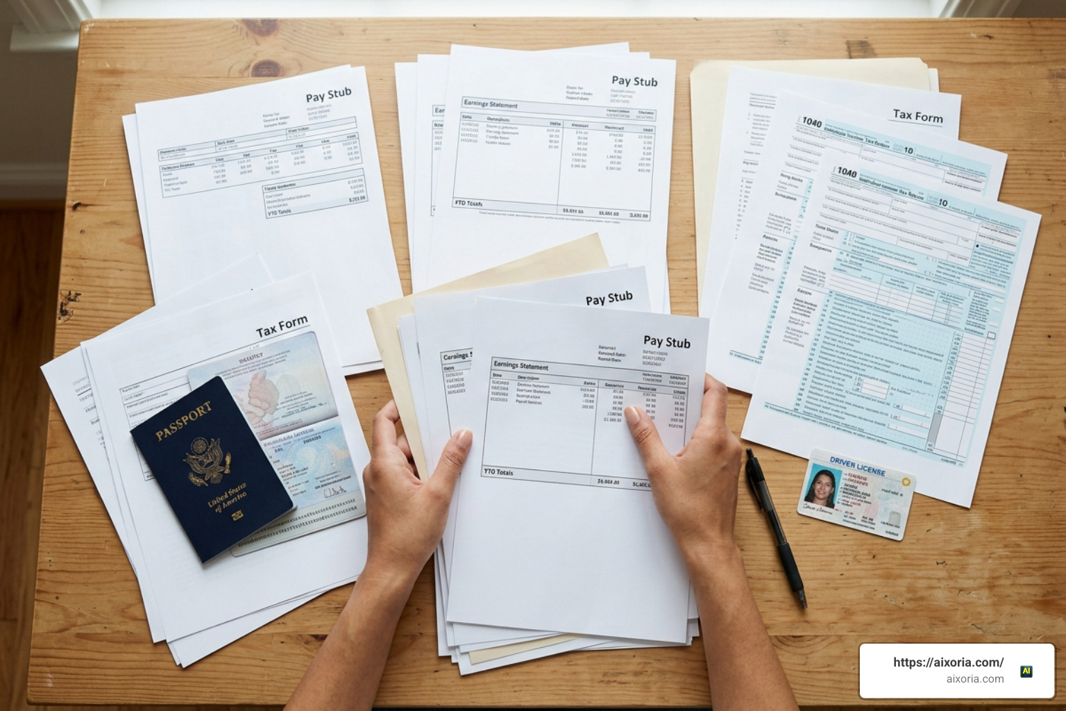 Applicant organizing loan paperwork pay stubs tax forms and ID documents