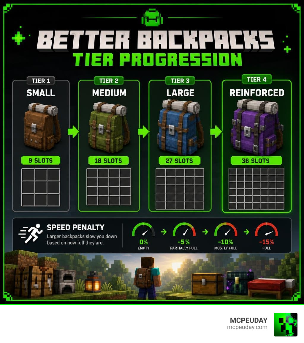 Infographic showing Better Backpacks Addon tier progression from Small 9 slots to Reinforced 36 slots with speed penalties
