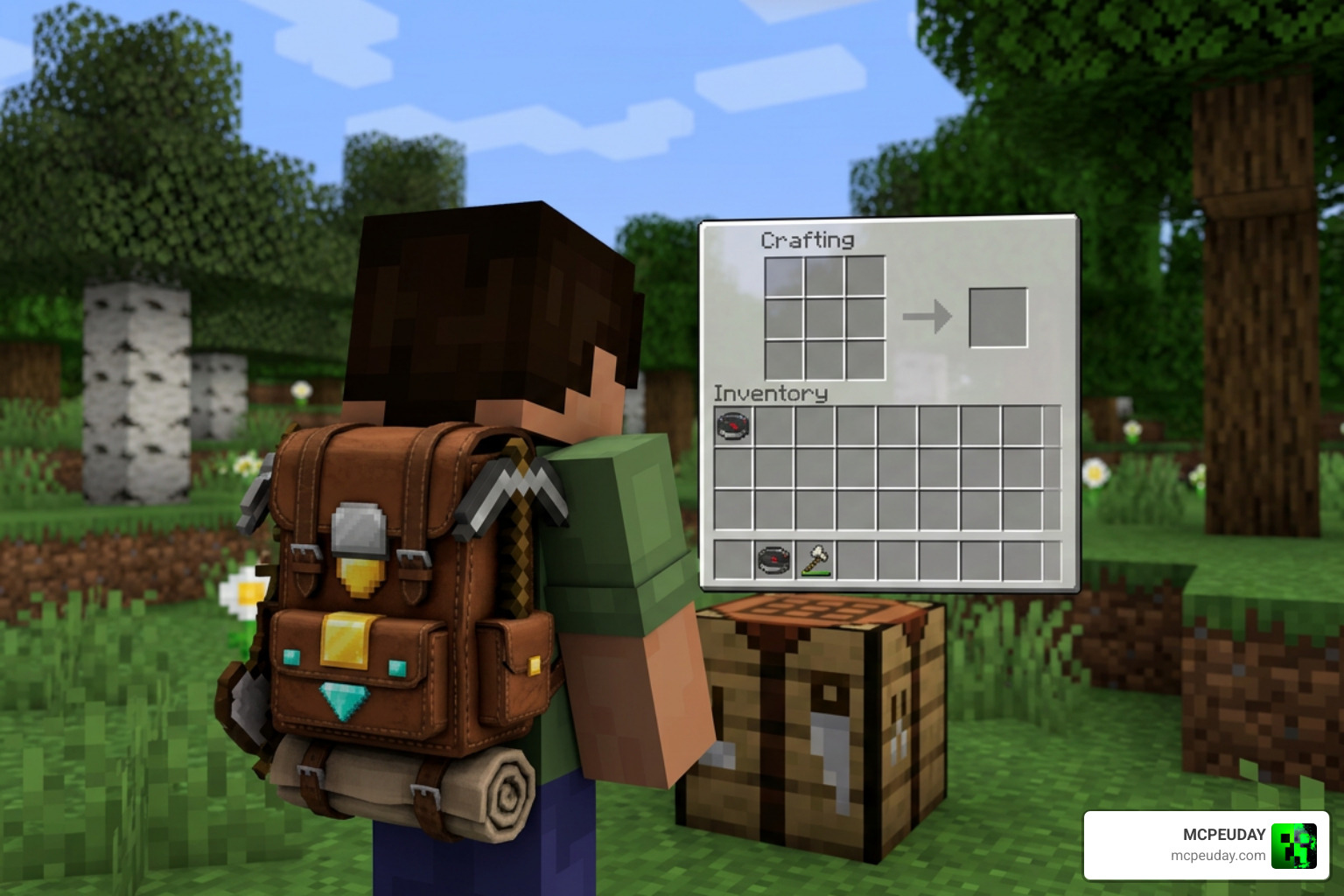 Minecraft player equipping backpack upgrade tiers and accessing the custom crafting menu interface
