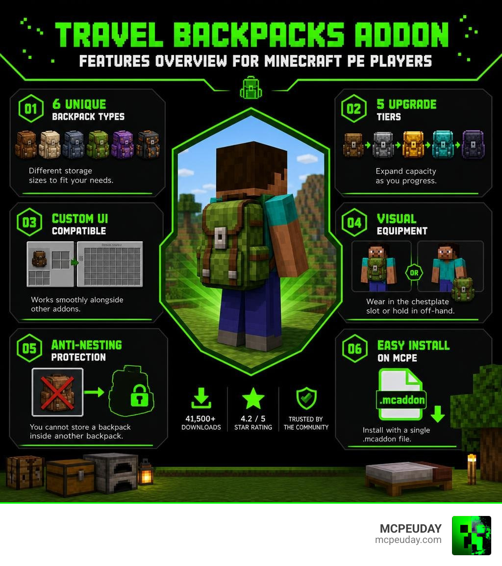 Travel Backpacks Addon features overview infographic for Minecraft PE players infographic