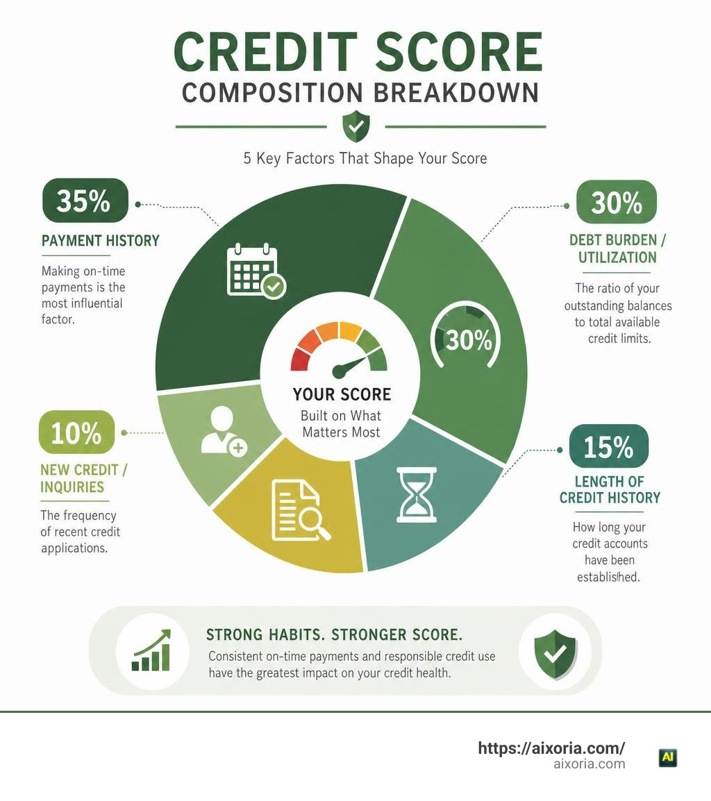 Credit score composition breakdown including payment history and utilization ratios infographic