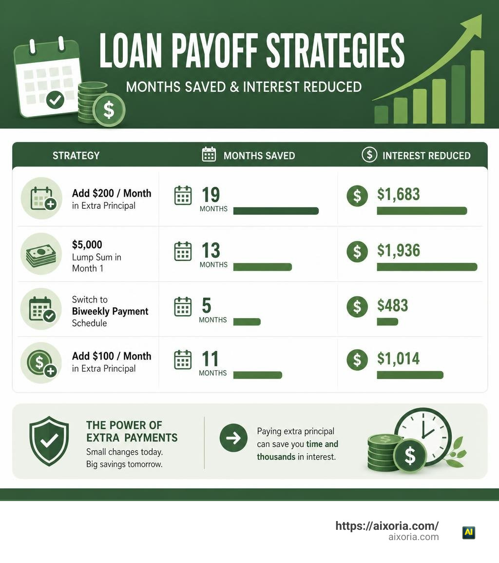 Chart comparing loan payoff strategies by months saved and interest reduced infographic