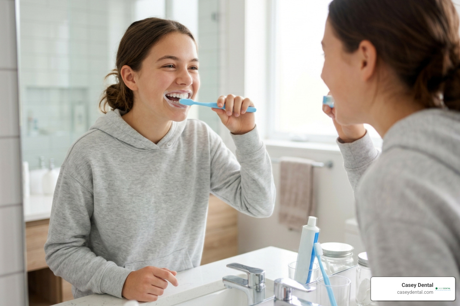 A teenager showing clean straight teeth while brushing, emphasizing ease of oral hygiene