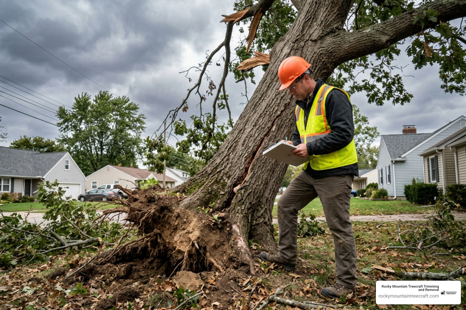 Certified arborist conducting a post-storm hazard evaluation on a leaning tree Certified arborist conducting a post-storm hazard evaluation on a leaning tree