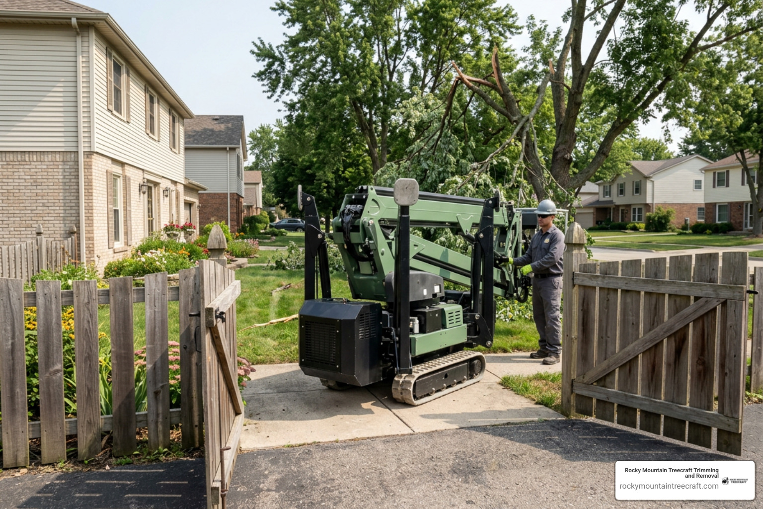 Compact spider lift maneuvering through a narrow residential backyard gate Compact spider lift maneuvering through a narrow residential backyard gate