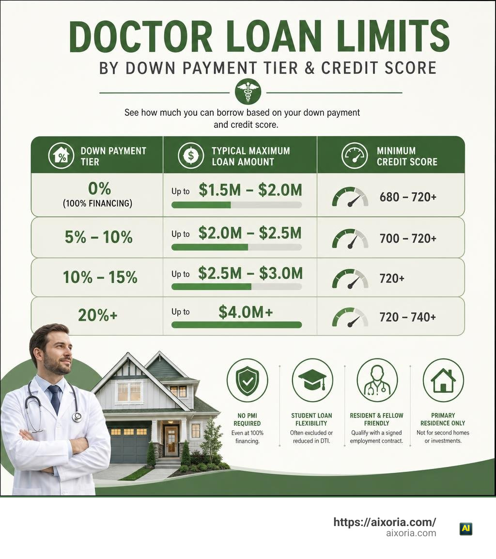 Doctor loan limits by down payment tier and credit score infographic infographic