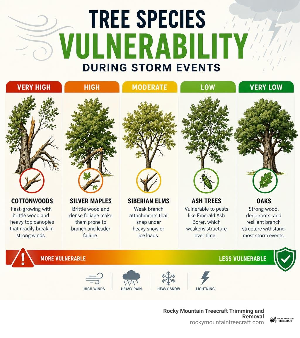 Comparison of tree species vulnerability during storm events infographic Comparison of tree species vulnerability during storm events infographic